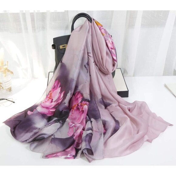 Scarfs Lightweight Print Floral Ink Lotus&purple - Picture 2 of 3